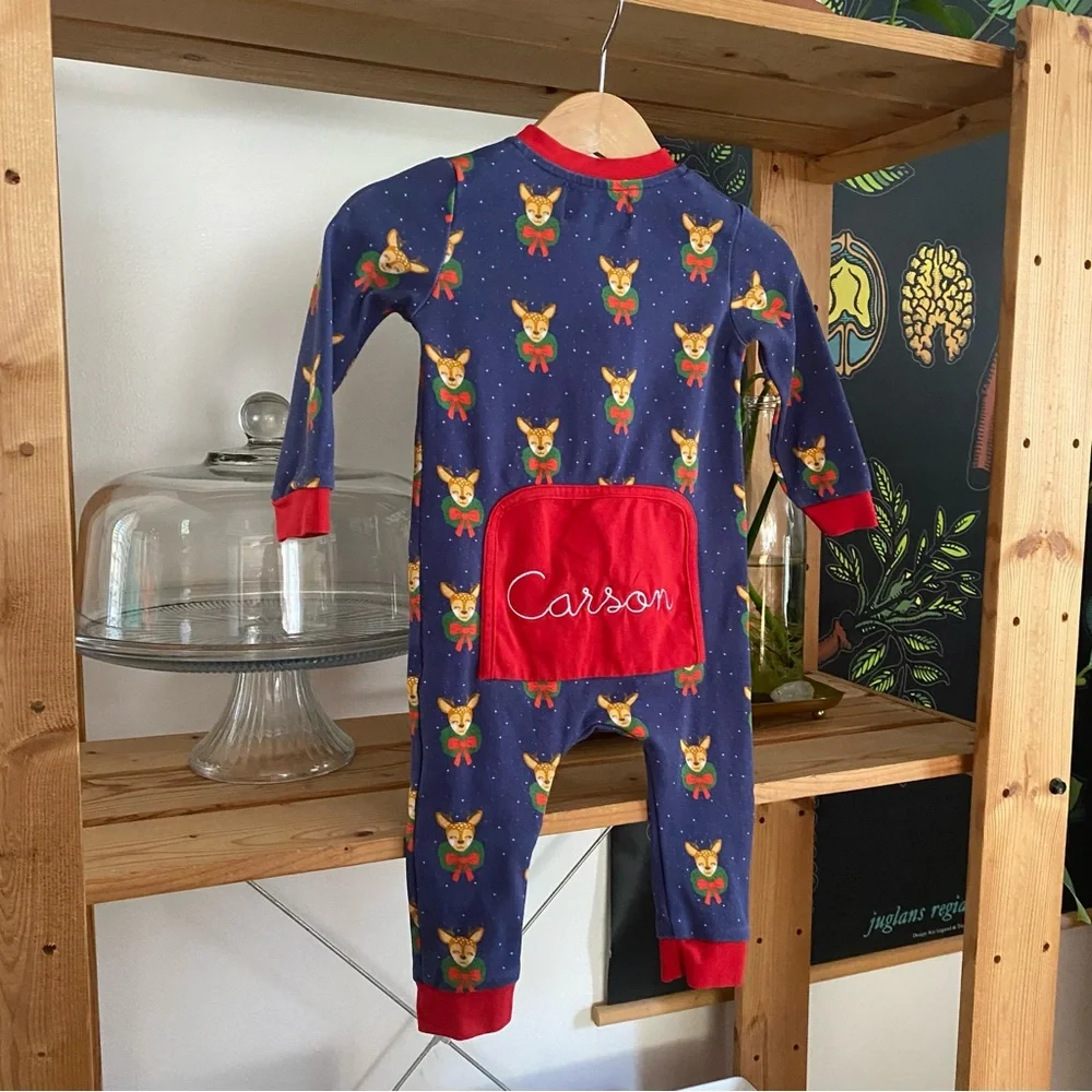 Smockingbird Blue Dasher The Reindeer Monogramed Christmas Zip Up Pajamas 6-9 m